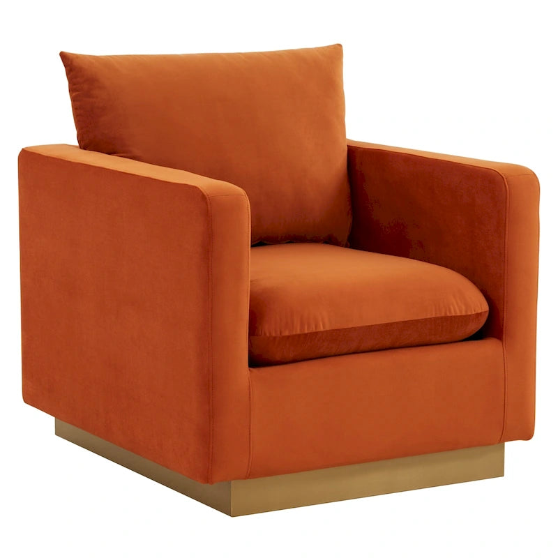 Fauteuil d'appoint en velours avec piètement plinthe en acier inoxydable doré, multicolore