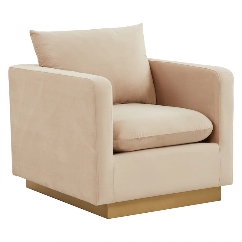 Fauteuil d'appoint en velours avec piètement plinthe en acier inoxydable doré, multicolore