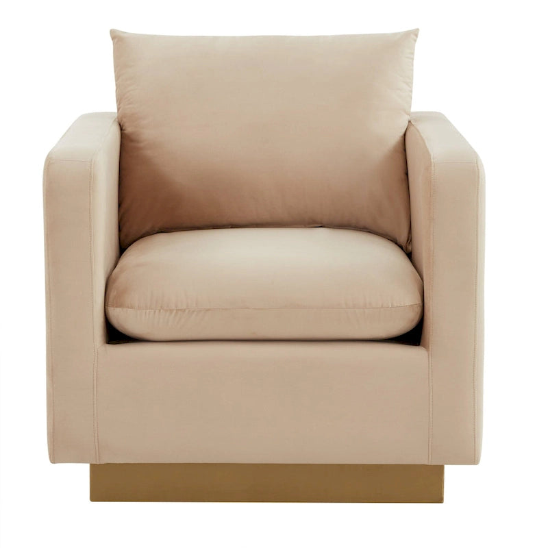 Fauteuil d'appoint en velours avec piètement plinthe en acier inoxydable doré, multicolore
