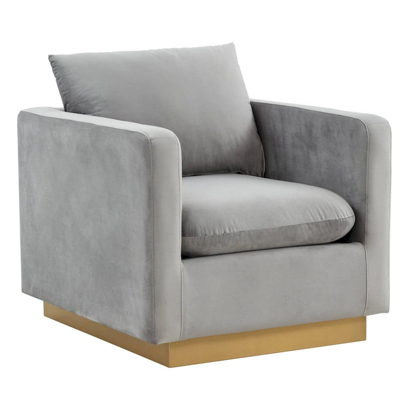 Fauteuil d'appoint en velours avec piètement plinthe en acier inoxydable doré, multicolore