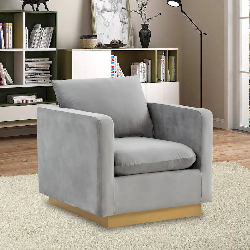 Fauteuil d'appoint en velours avec piètement plinthe en acier inoxydable doré, multicolore