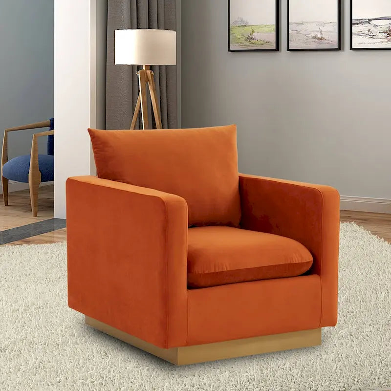 Fauteuil d'appoint en velours avec piètement plinthe en acier inoxydable doré, multicolore