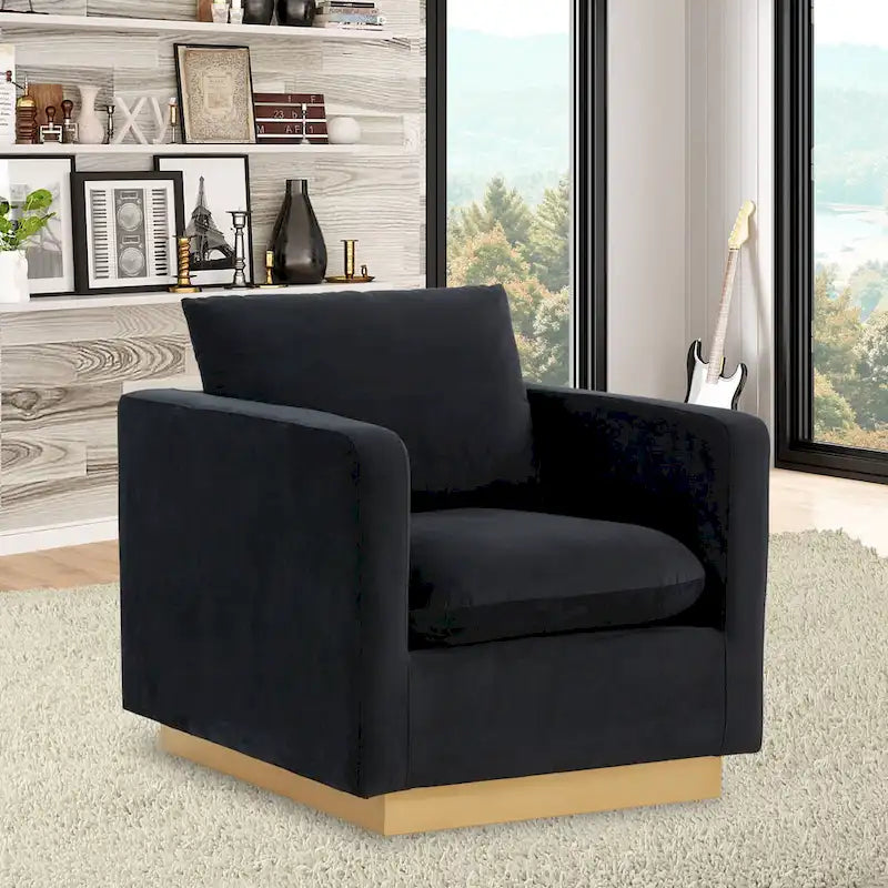 Fauteuil d'appoint en velours avec piètement plinthe en acier inoxydable doré, multicolore