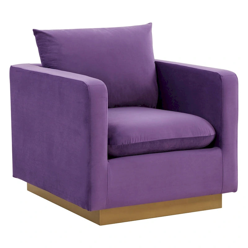 Fauteuil d'appoint en velours avec piètement plinthe en acier inoxydable doré, multicolore