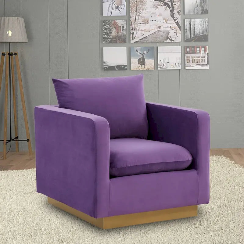 Fauteuil d'appoint en velours avec piètement plinthe en acier inoxydable doré, multicolore