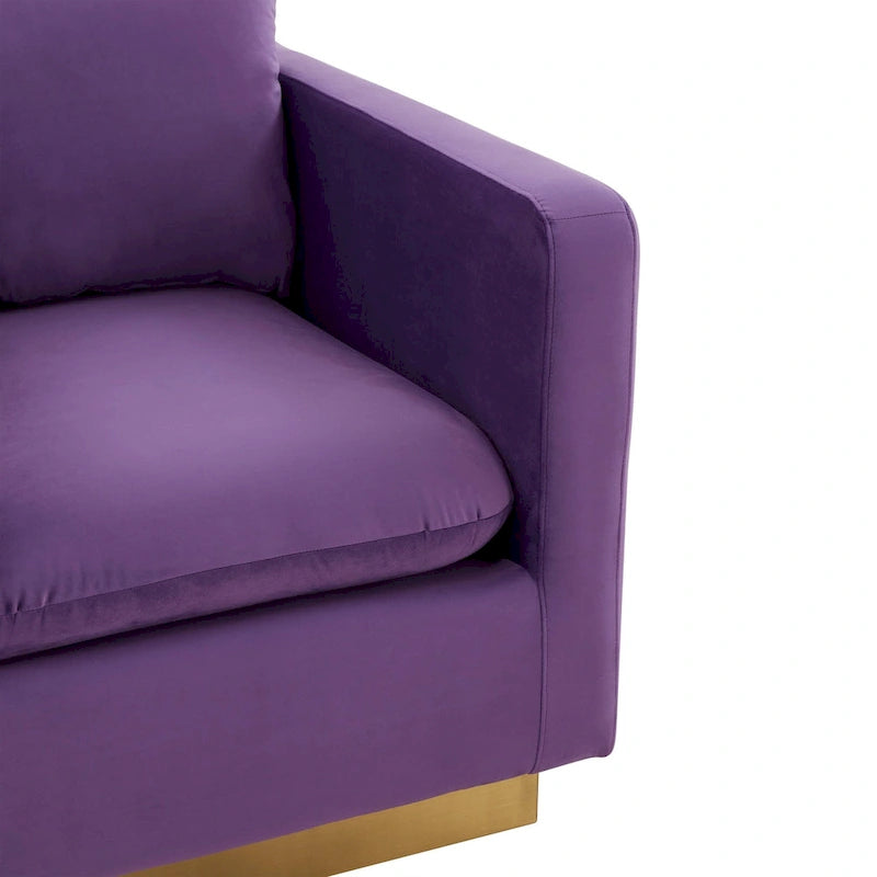 Fauteuil d'appoint en velours avec piètement plinthe en acier inoxydable doré, multicolore