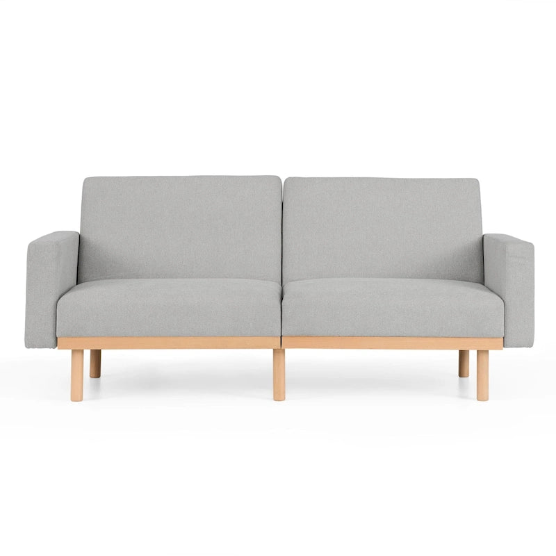 Canapé-lit convertible avec base en bois, tissu lin gris clair