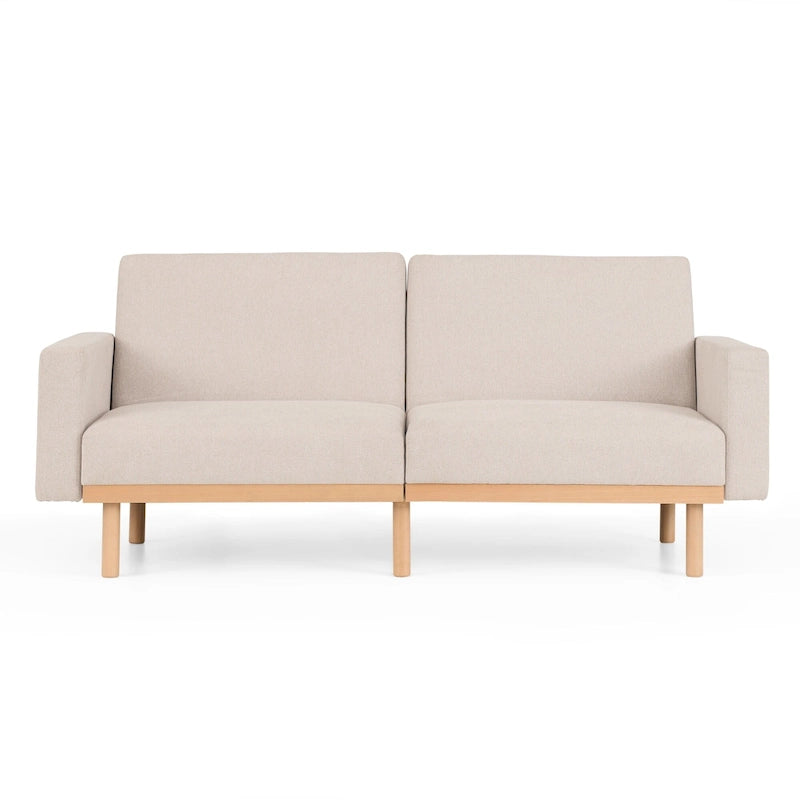 Canapé-lit convertible avec base en bois, tissu lin gris clair