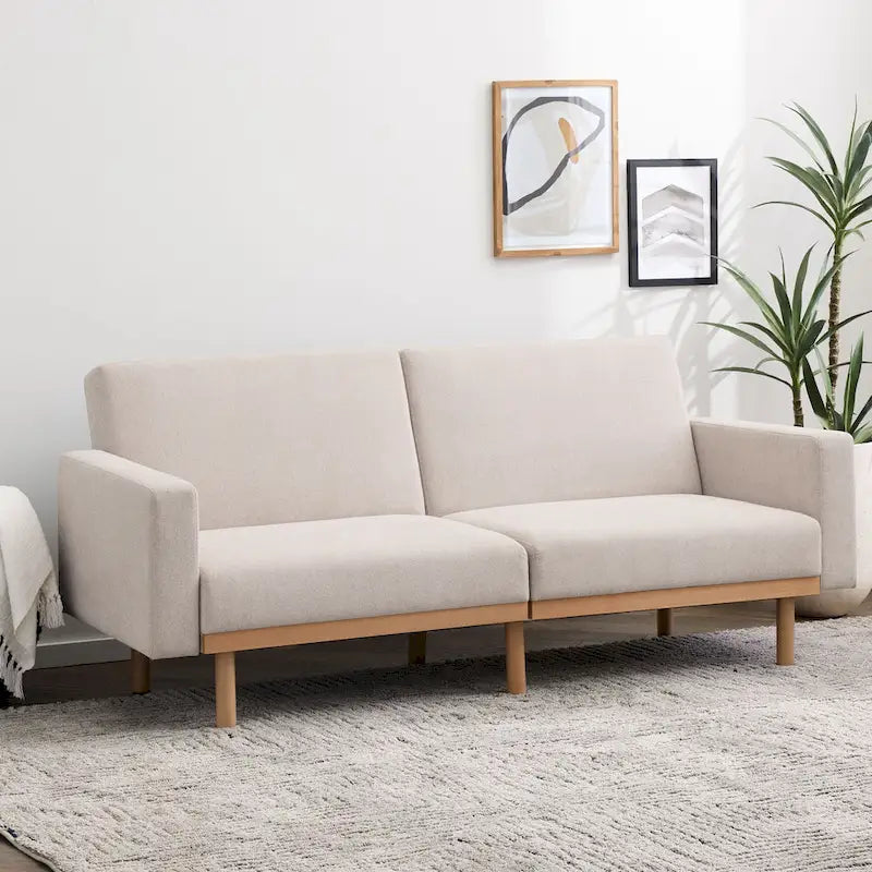 Canapé-lit convertible avec base en bois, tissu lin gris clair
