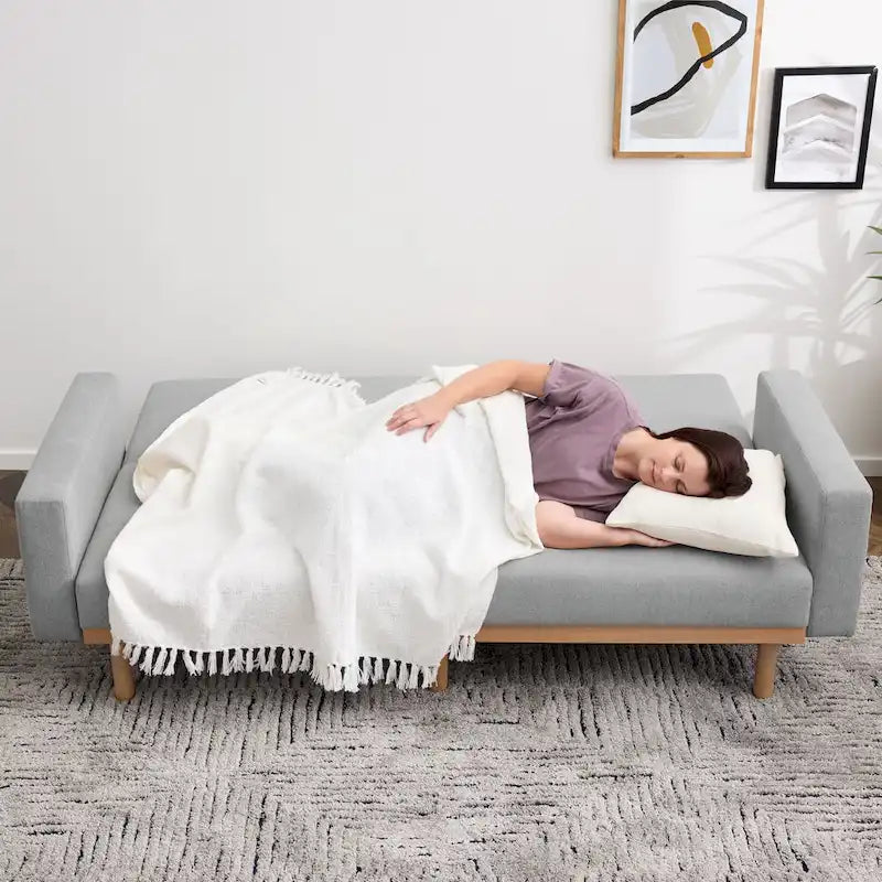 Canapé-lit convertible avec base en bois, tissu lin gris clair