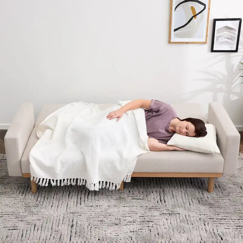 Canapé-lit convertible avec base en bois, tissu lin gris clair