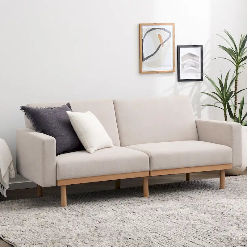 Canapé-lit convertible avec base en bois, tissu lin gris clair