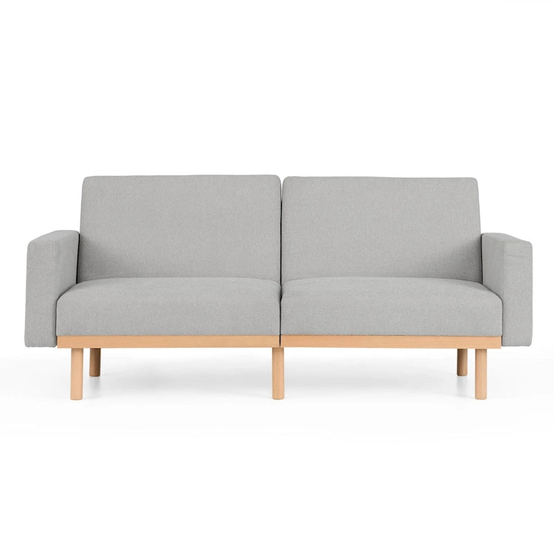 Canapé-lit convertible avec base en bois, tissu lin gris clair