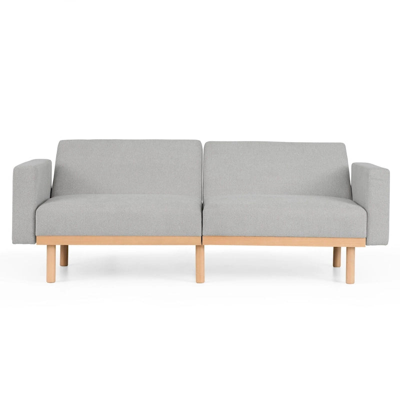 Canapé-lit convertible avec base en bois, tissu lin gris clair