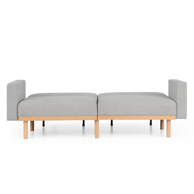 Canapé-lit convertible avec base en bois, tissu lin gris clair