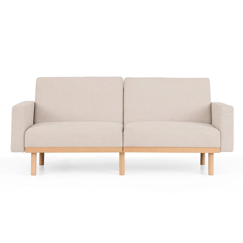 Canapé-lit convertible avec base en bois, tissu lin gris clair