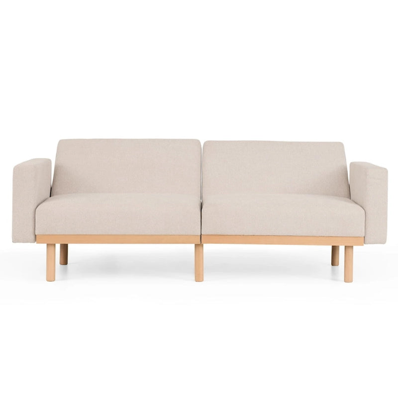 Canapé-lit convertible avec base en bois, tissu lin gris clair