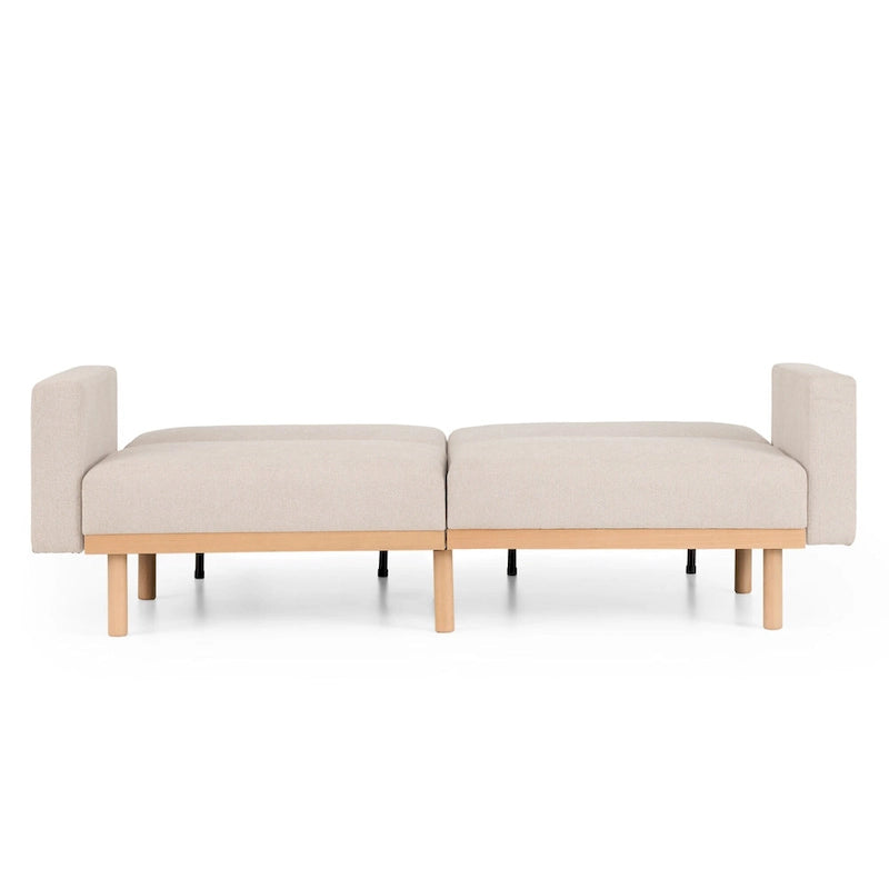 Canapé-lit convertible avec base en bois, tissu lin gris clair