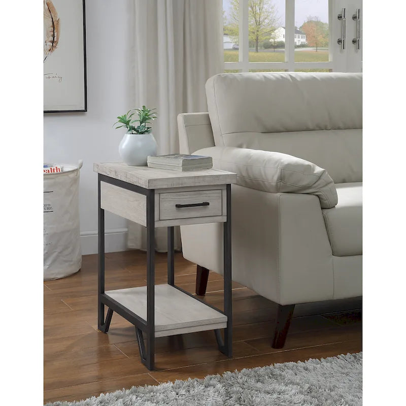 Table d'appoint industrielle en métal avec tiroir, étagère et ports USB, finition antique