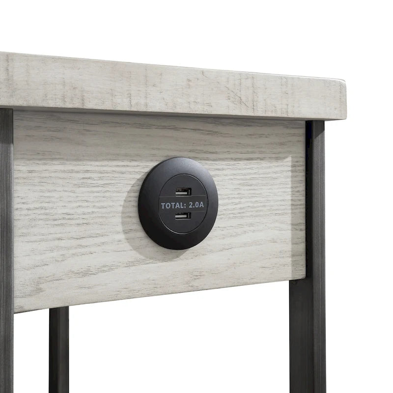 Table d'appoint industrielle en métal avec tiroir, étagère et ports USB, finition antique