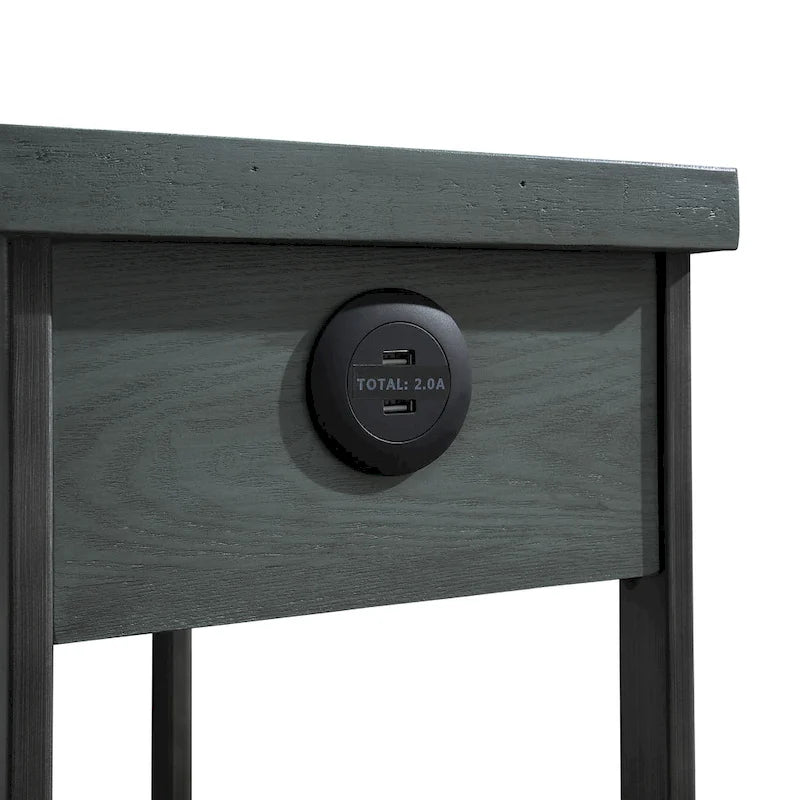 Table d'appoint industrielle en métal avec tiroir, étagère et ports USB, finition antique