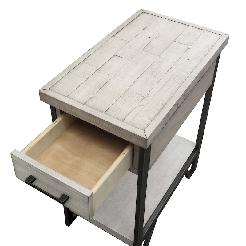 Table d'appoint industrielle en métal avec tiroir, étagère et ports USB, finition antique