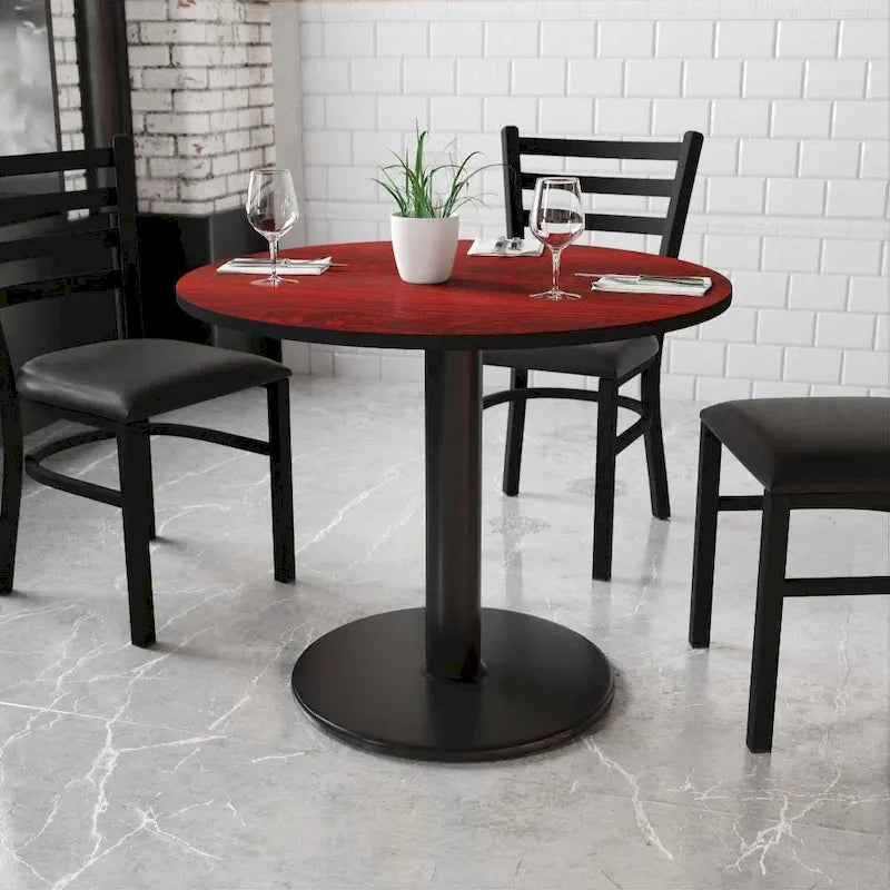 Table de salle à manger ronde à piédestal en stratifié avec base en fonte, noire