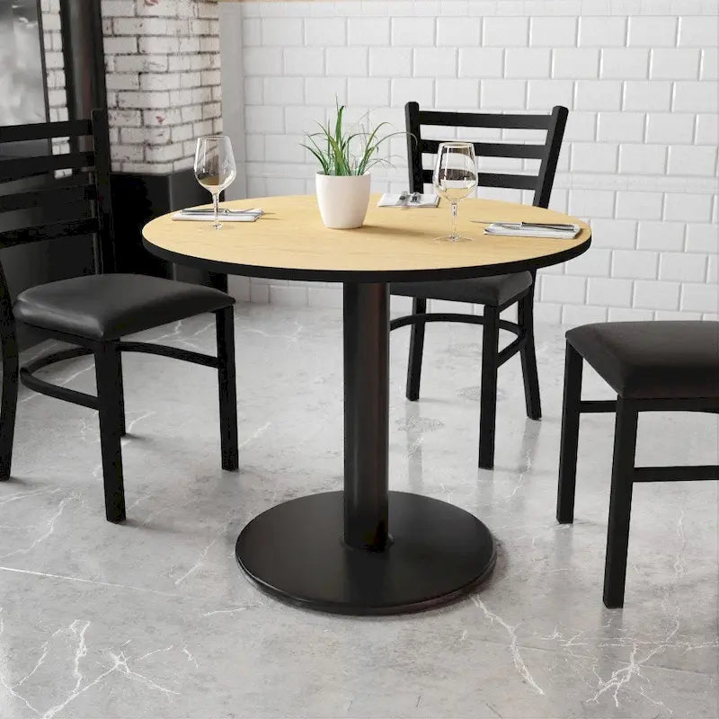 Table de salle à manger ronde à piédestal en stratifié avec base en fonte, noire