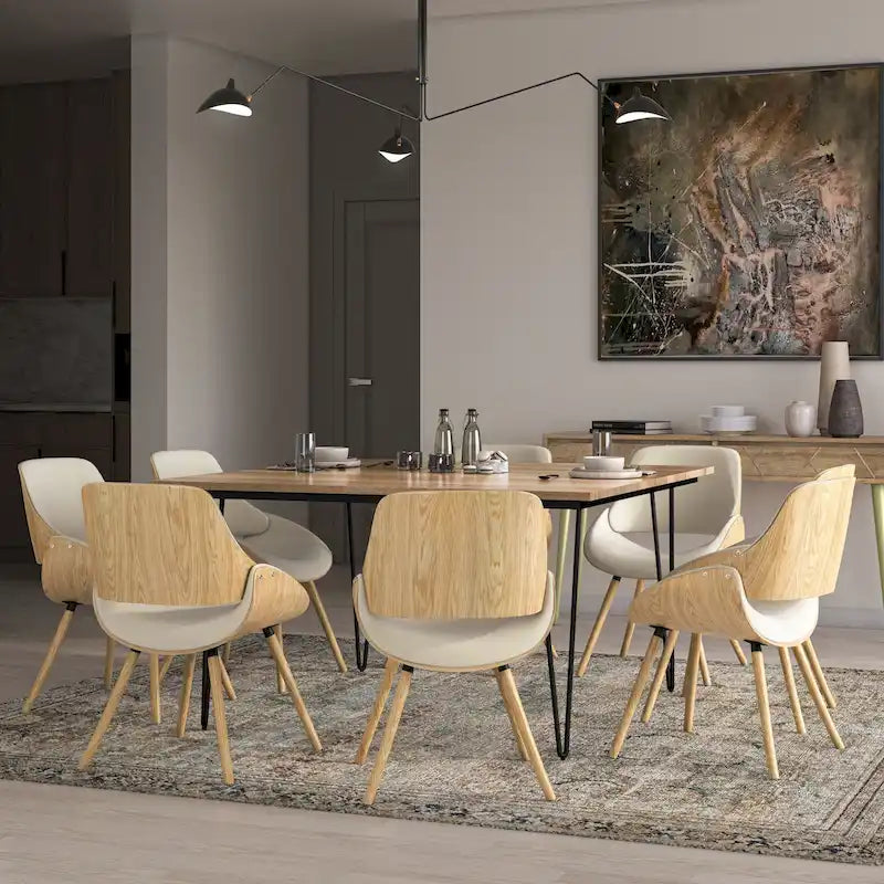 Chaise de salle à manger en bois courbé de style Mid-Century avec structure en bois clair et tissu tissé capitonné