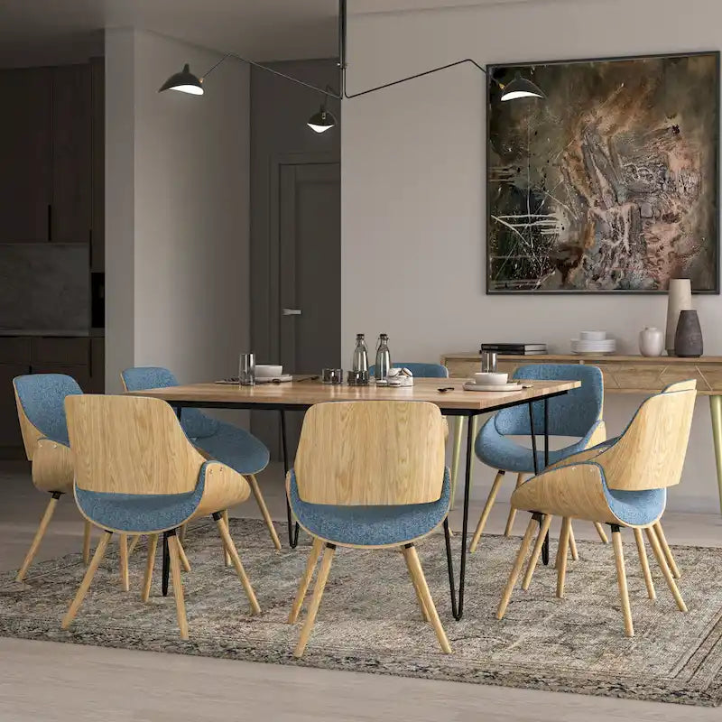 Chaise de salle à manger en bois courbé de style Mid-Century avec structure en bois clair et tissu tissé capitonné