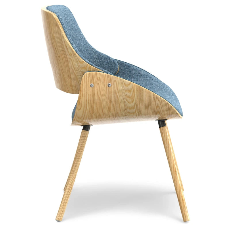 Chaise de salle à manger en bois courbé de style Mid-Century avec structure en bois clair et tissu tissé capitonné