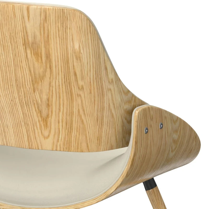 Chaise de salle à manger en bois courbé de style Mid-Century avec structure en bois clair et tissu tissé capitonné