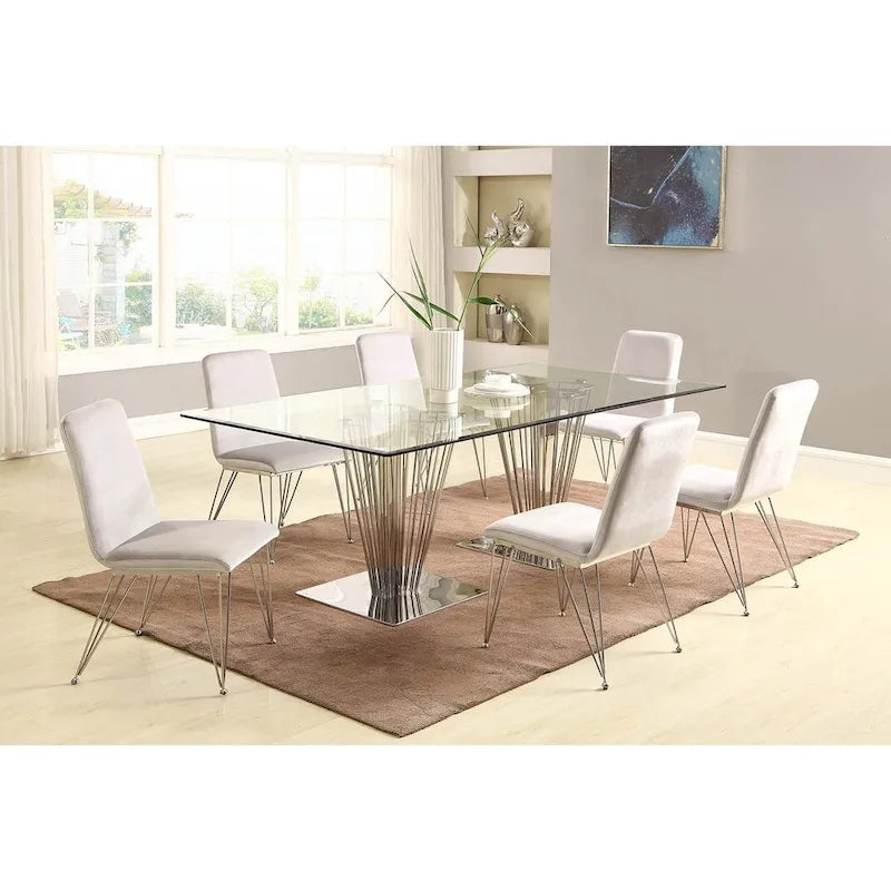 Table à manger rectangulaire en verre, moderne, double piédestal, acier inoxydable poli argenté