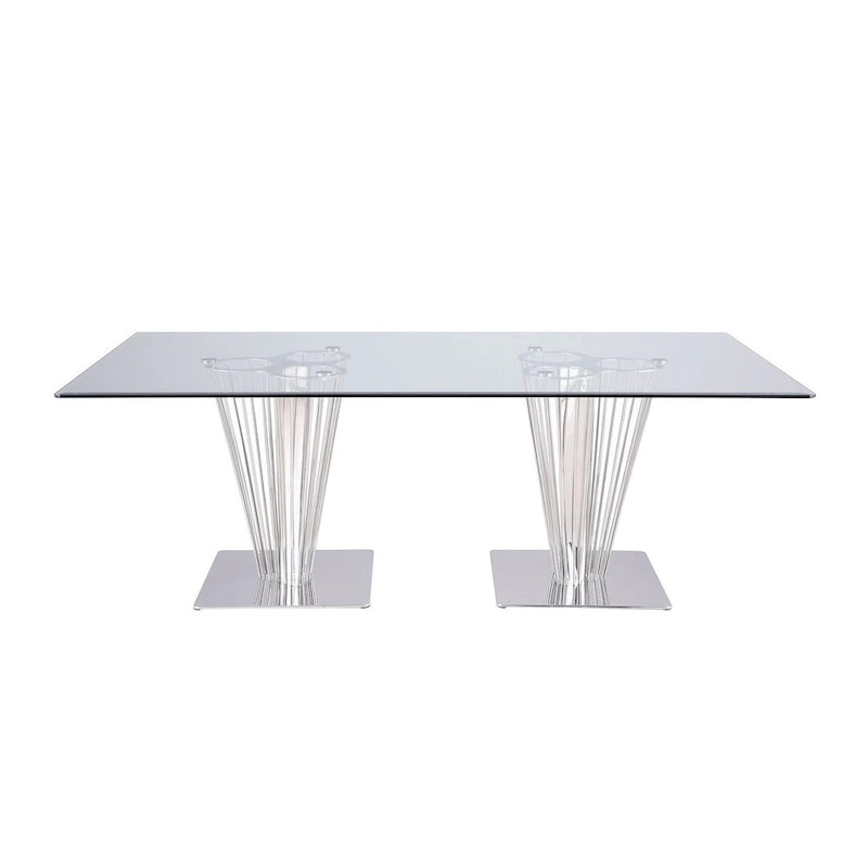 Table à manger rectangulaire en verre, moderne, double piédestal, acier inoxydable poli argenté