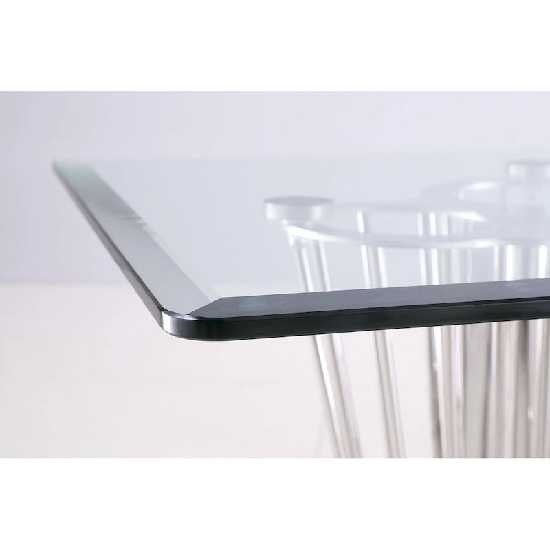 Table à manger rectangulaire en verre, moderne, double piédestal, acier inoxydable poli argenté