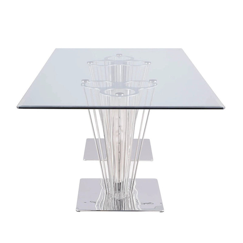 Table à manger rectangulaire en verre, moderne, double piédestal, acier inoxydable poli argenté