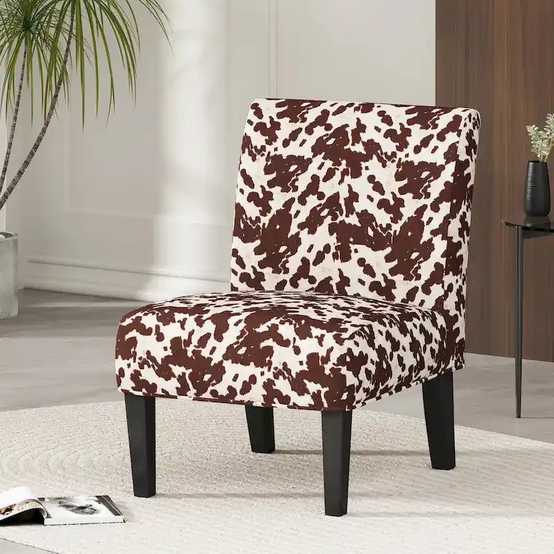 Chaise d'appoint contemporaine sans accoudoirs imprimé vache, avec pieds coniques en métal noir mat