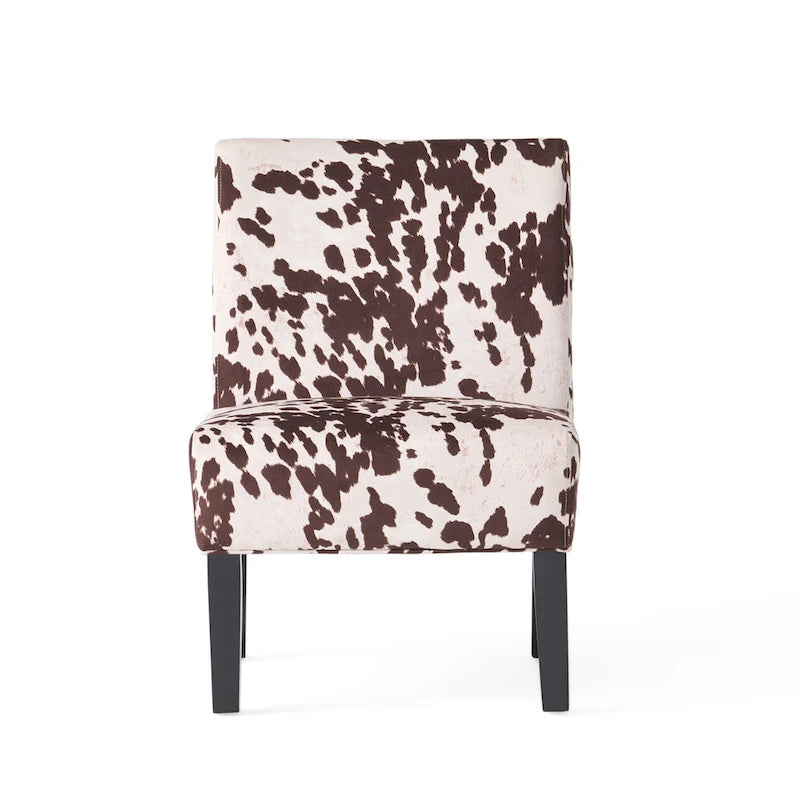 Chaise d'appoint contemporaine sans accoudoirs imprimé vache, avec pieds coniques en métal noir mat