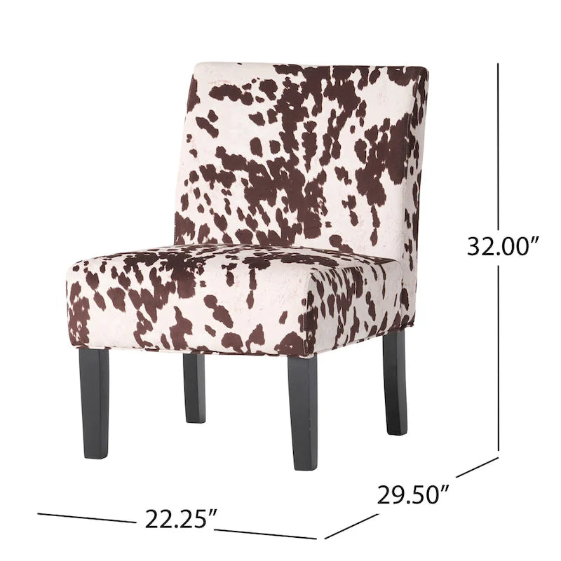 Chaise d'appoint contemporaine sans accoudoirs imprimé vache, avec pieds coniques en métal noir mat