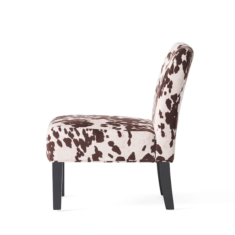 Chaise d'appoint contemporaine sans accoudoirs imprimé vache, avec pieds coniques en métal noir mat