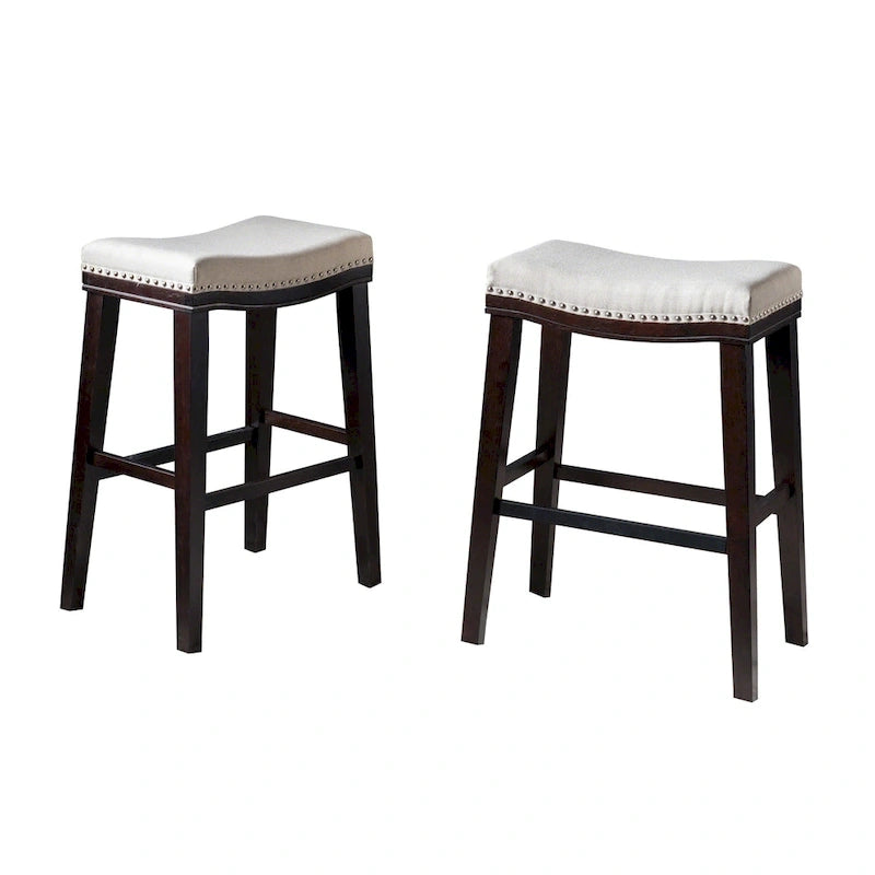 Tabouret de bar contemporain rembourré en forme de selle avec garniture cloutée, pieds marron foncé