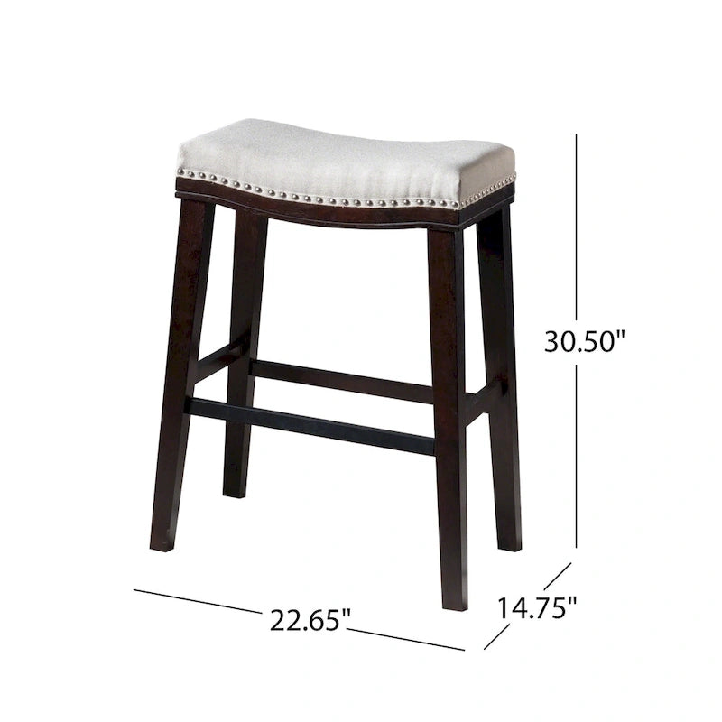 Tabouret de bar contemporain rembourré en forme de selle avec garniture cloutée, pieds marron foncé