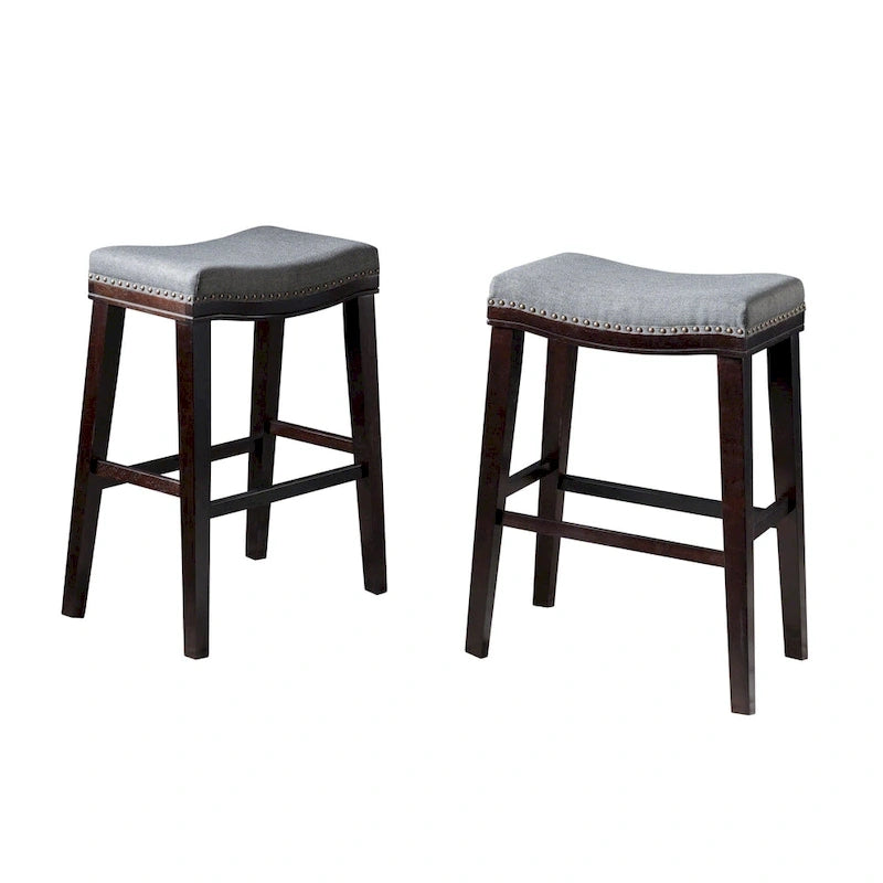 Tabouret de bar contemporain rembourré en forme de selle avec garniture cloutée, pieds marron foncé