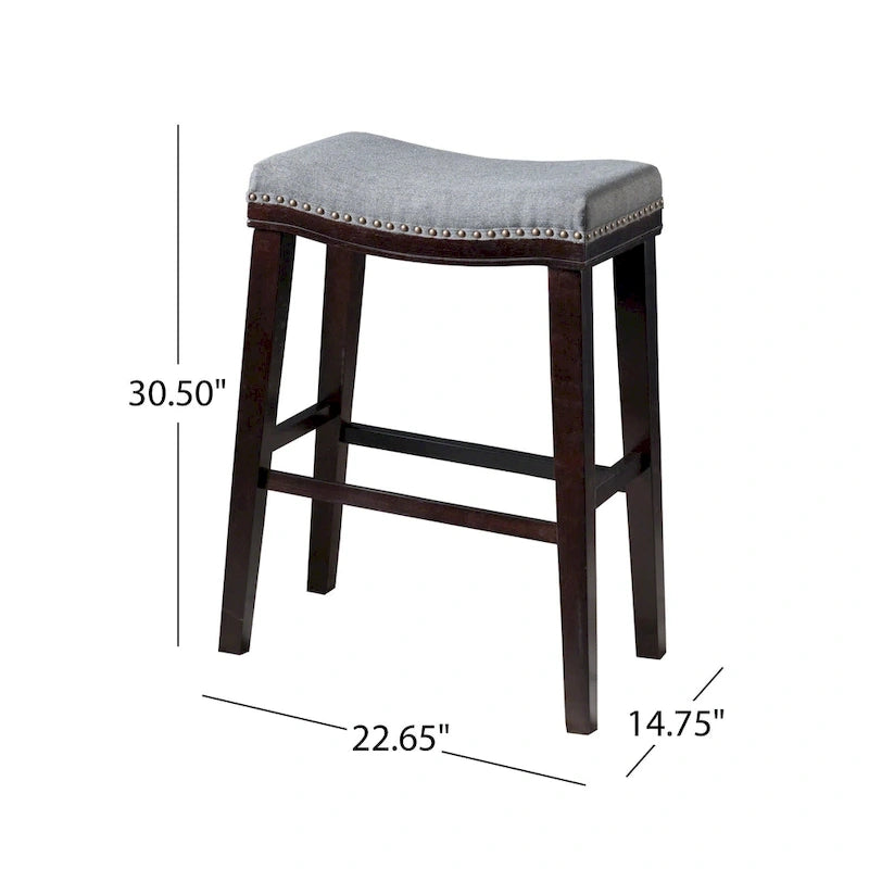 Tabouret de bar contemporain rembourré en forme de selle avec garniture cloutée, pieds marron foncé