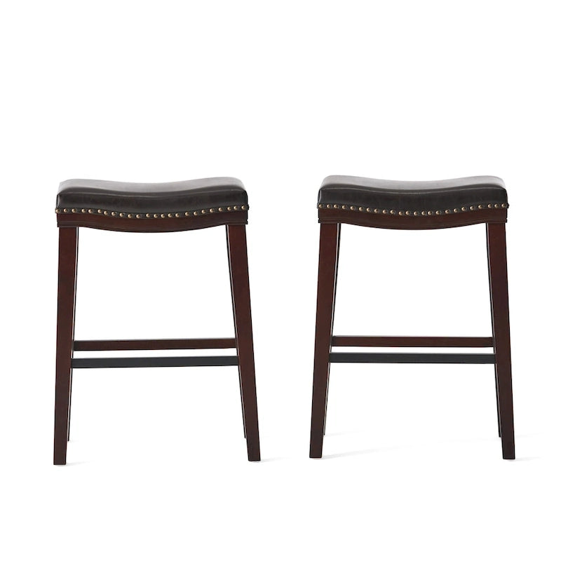 Tabouret de bar contemporain rembourré en forme de selle avec garniture cloutée, pieds marron foncé