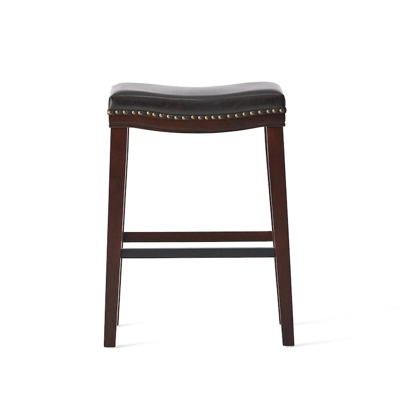 Tabouret de bar contemporain rembourré en forme de selle avec garniture cloutée, pieds marron foncé