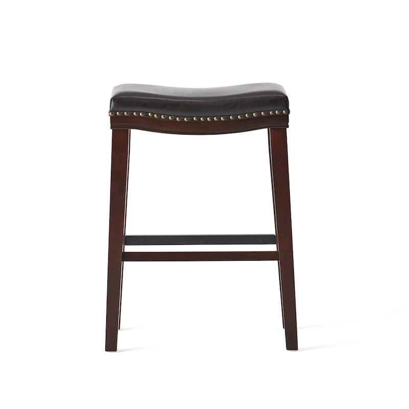 Tabouret de bar contemporain rembourré en forme de selle avec garniture cloutée, pieds marron foncé