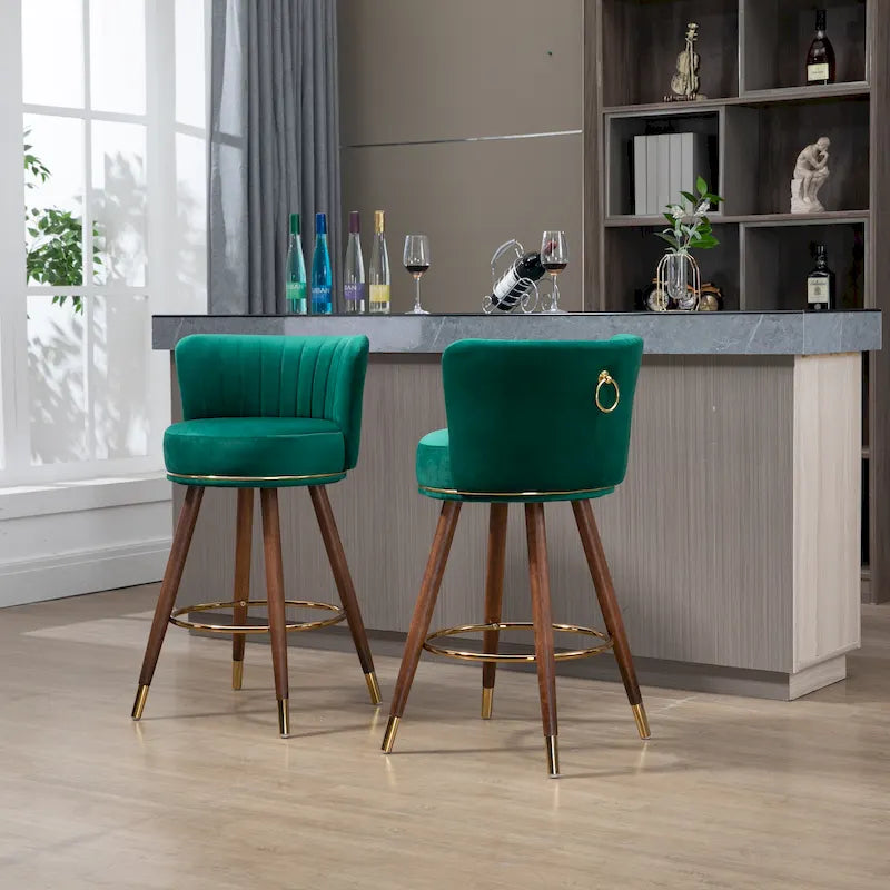 Tabouret de bar pivotant en velours rétro avec pieds en bois et repose-pieds doré
