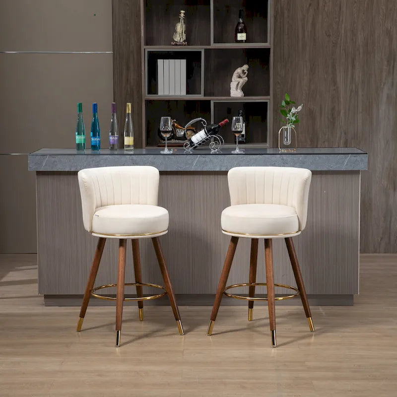 Tabouret de bar pivotant en velours rétro avec pieds en bois et repose-pieds doré