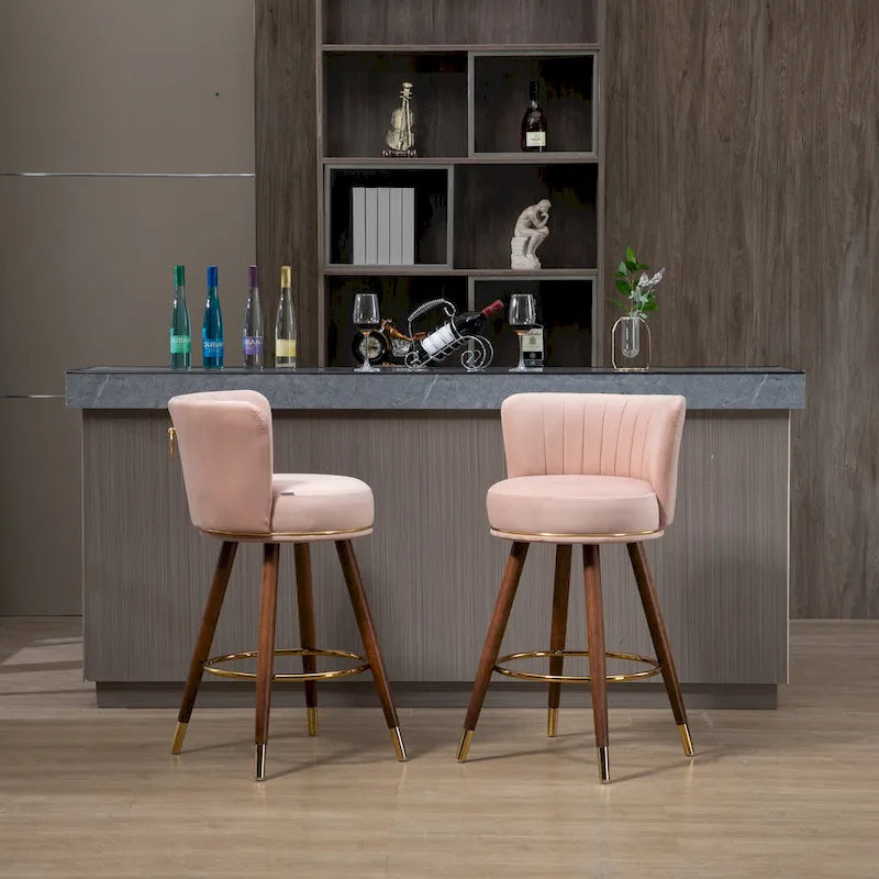 Tabouret de bar pivotant en velours rétro avec pieds en bois et repose-pieds doré